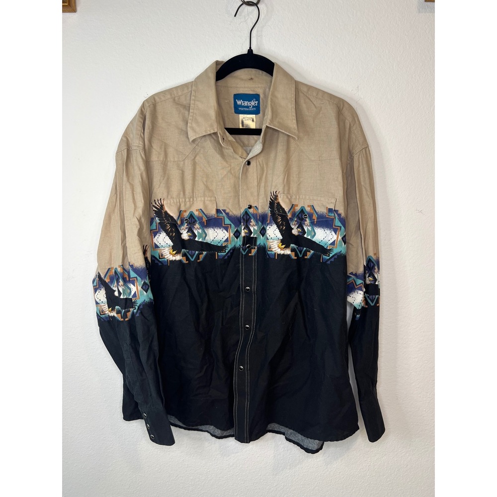 Wrangler Mens Western Shirt Eagle Geometric Print Pearl Snap Tan Black XL